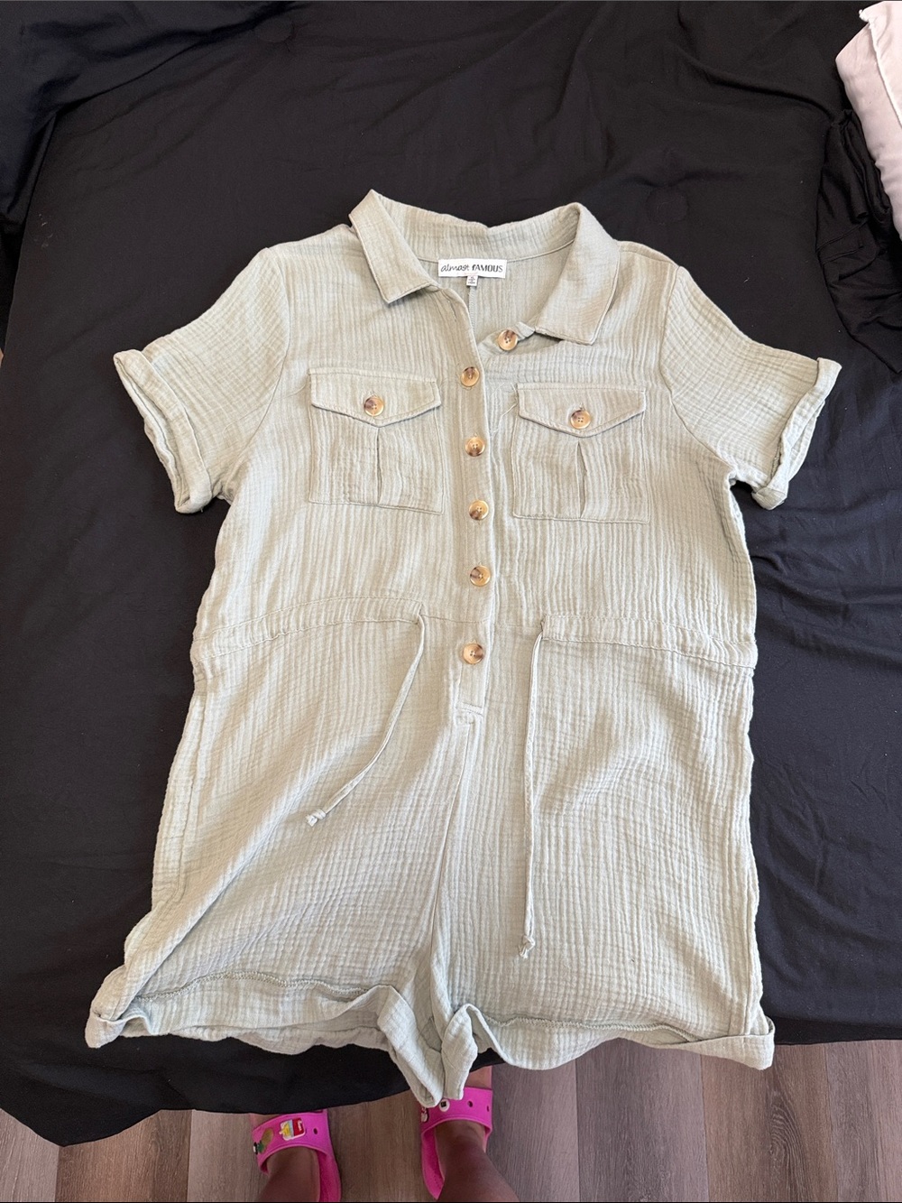 Almost Famous Sage Green Short-Sleeve Button Romper